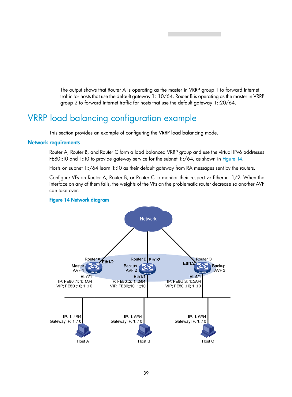 Vrrp load balancing configuration example, Network requirements | H3C Technologies H3C MSR 5600 User Manual | Page 47 / 99