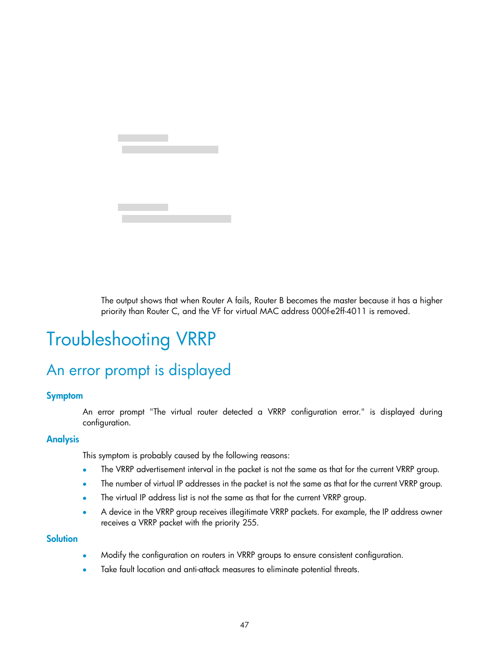 Troubleshooting vrrp, An error prompt is displayed, Symptom | Analysis, Solution | H3C Technologies H3C MSR 5600 User Manual | Page 55 / 99