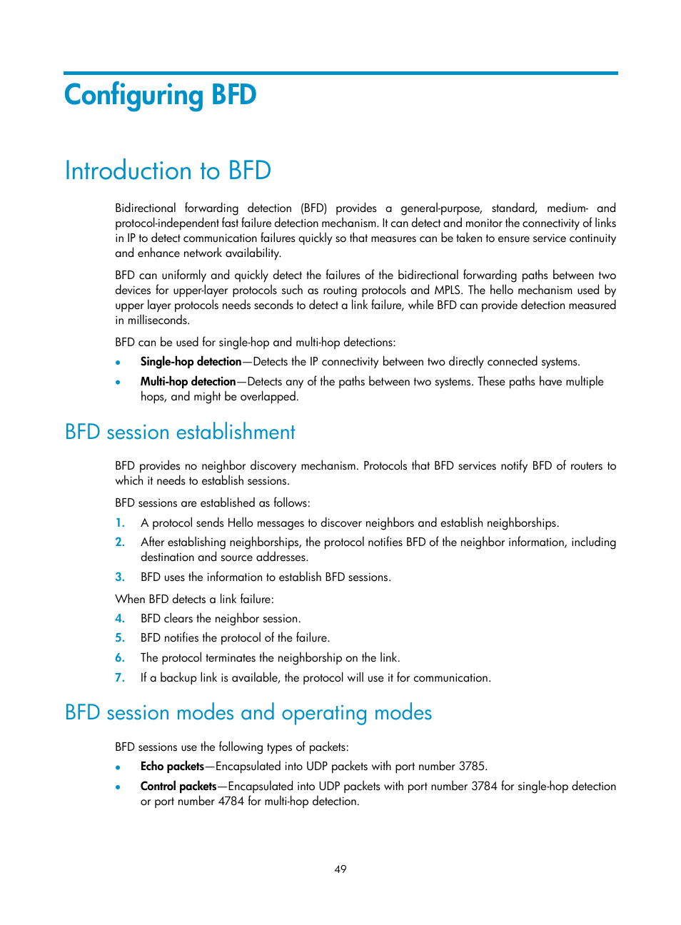 Configuring bfd, Introduction to bfd, Bfd session establishment | Bfd session modes and operating modes | H3C Technologies H3C MSR 5600 User Manual | Page 57 / 99