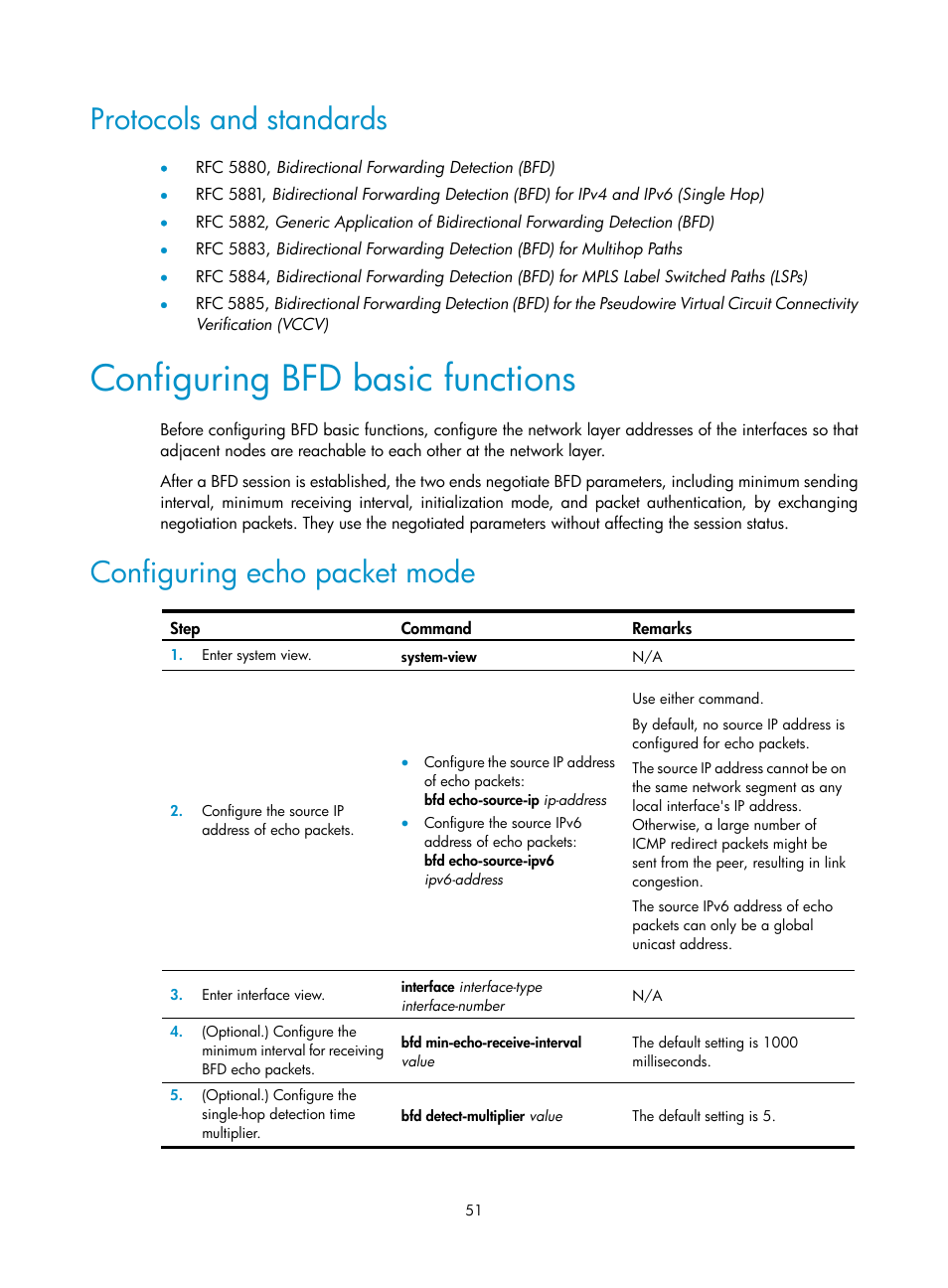 Protocols and standards, Configuring bfd basic functions, Configuring echo packet mode | H3C Technologies H3C MSR 5600 User Manual | Page 59 / 99