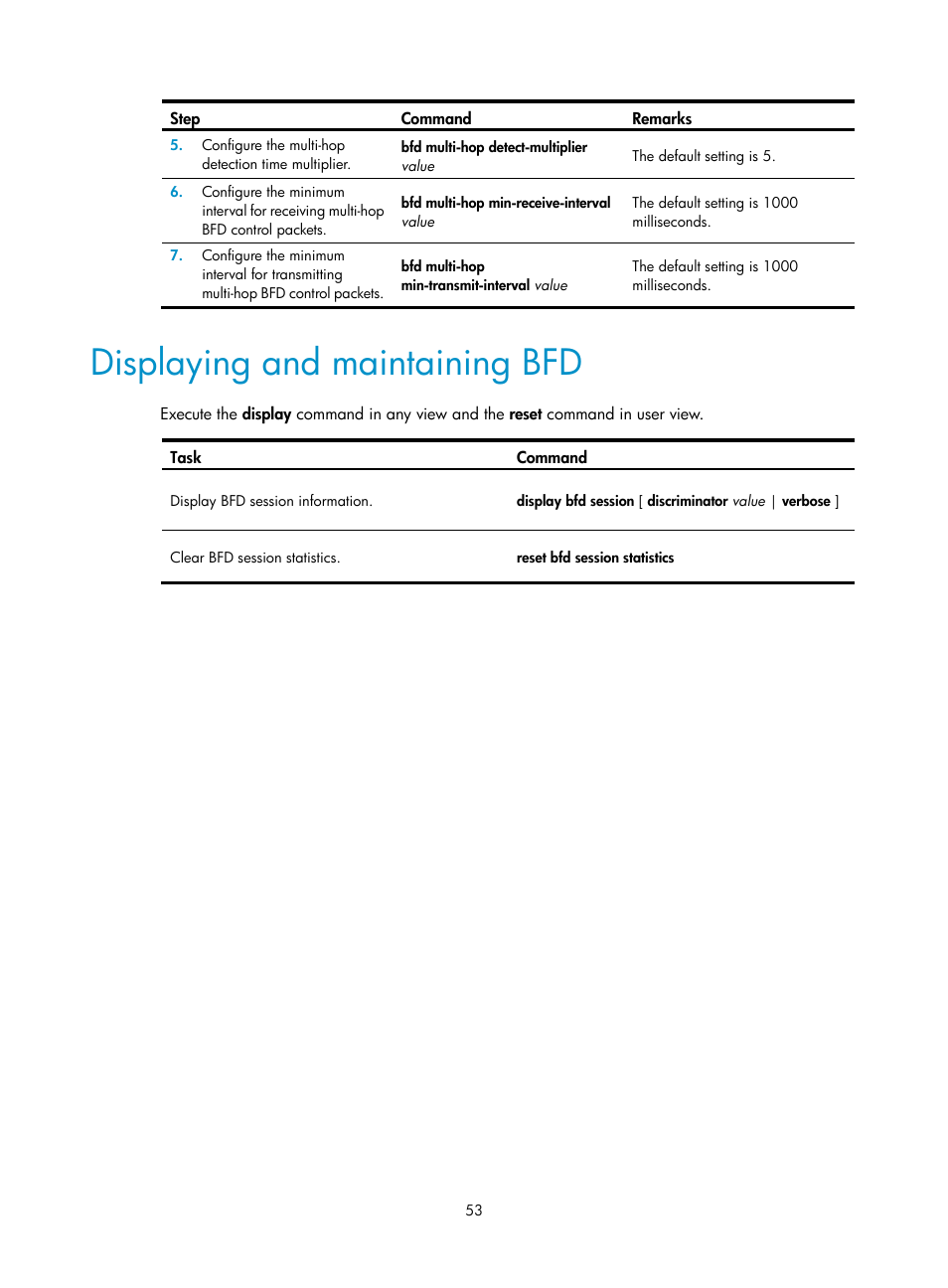 Displaying and maintaining bfd | H3C Technologies H3C MSR 5600 User Manual | Page 61 / 99