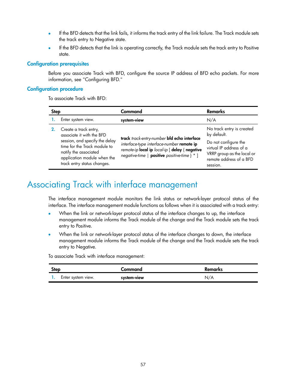 Configuration prerequisites, Configuration procedure, Associating track with interface management | H3C Technologies H3C MSR 5600 User Manual | Page 65 / 99