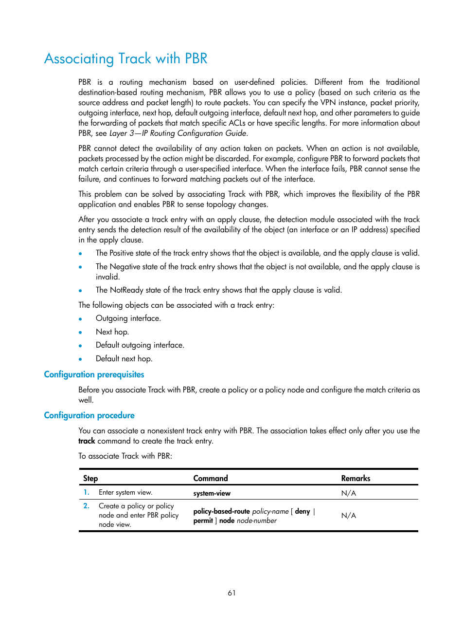 Associating track with pbr, Configuration prerequisites, Configuration procedure | H3C Technologies H3C MSR 5600 User Manual | Page 69 / 99