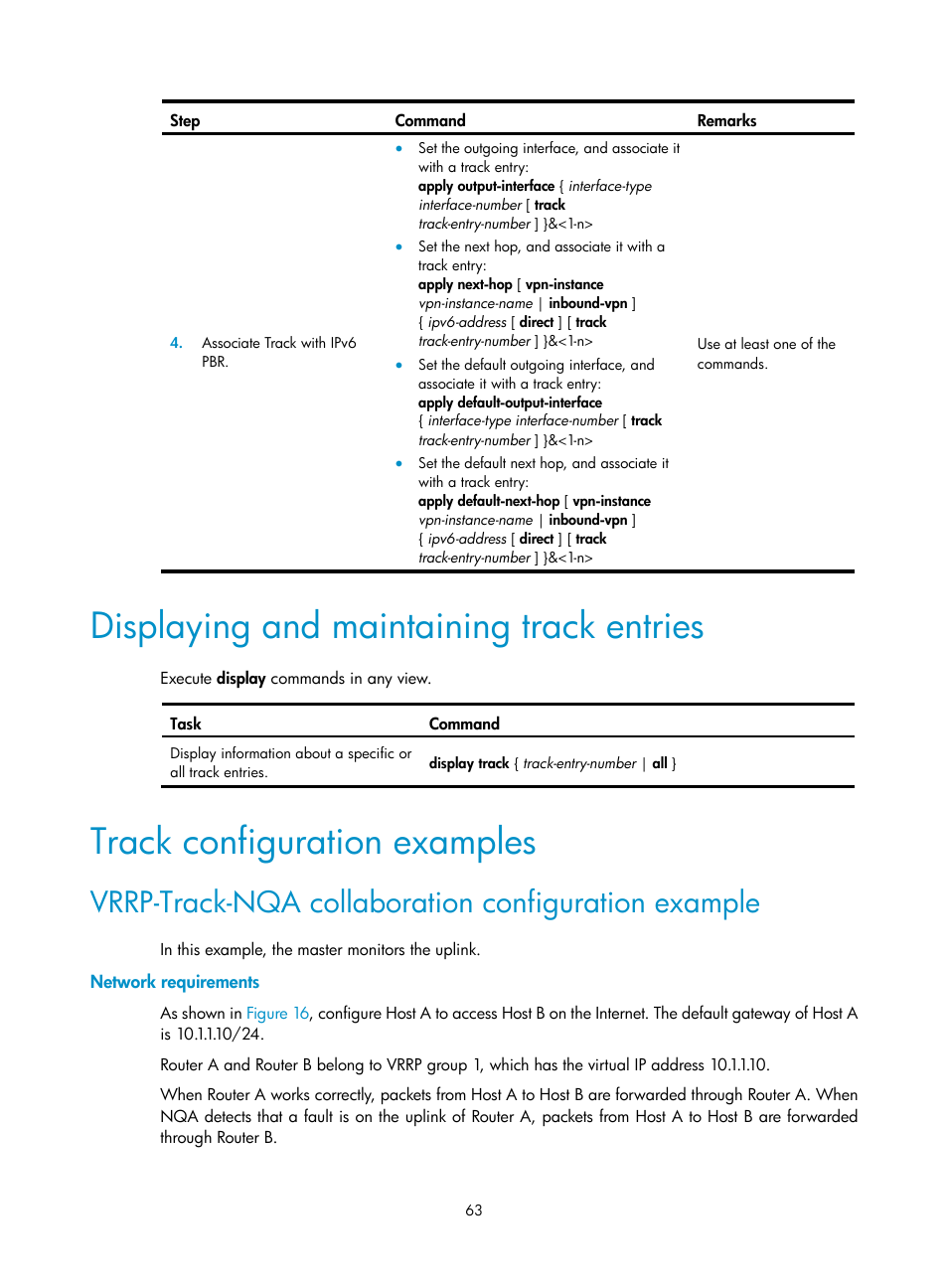 Displaying and maintaining track entries, Track configuration examples, Vrrp-track-nqa collaboration configuration example | Network requirements | H3C Technologies H3C MSR 5600 User Manual | Page 71 / 99