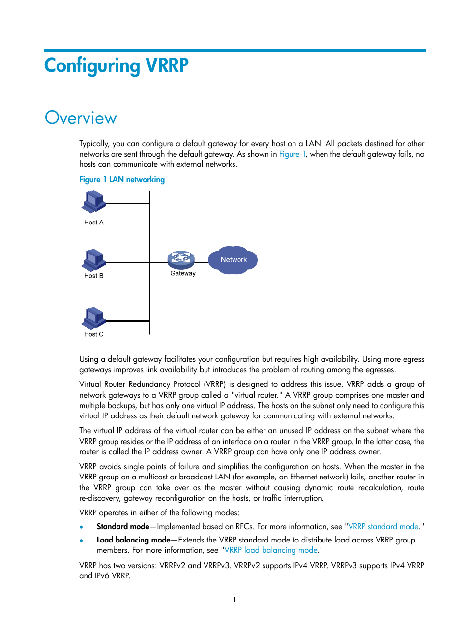 Configuring vrrp, Overview | H3C Technologies H3C MSR 5600 User Manual | Page 9 / 99