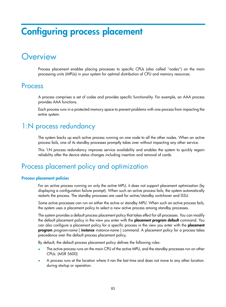 Configuring process placement, Overview, Process | N process redundancy, Process placement policy and optimization, Process placement policies | H3C Technologies H3C MSR 5600 User Manual | Page 93 / 99