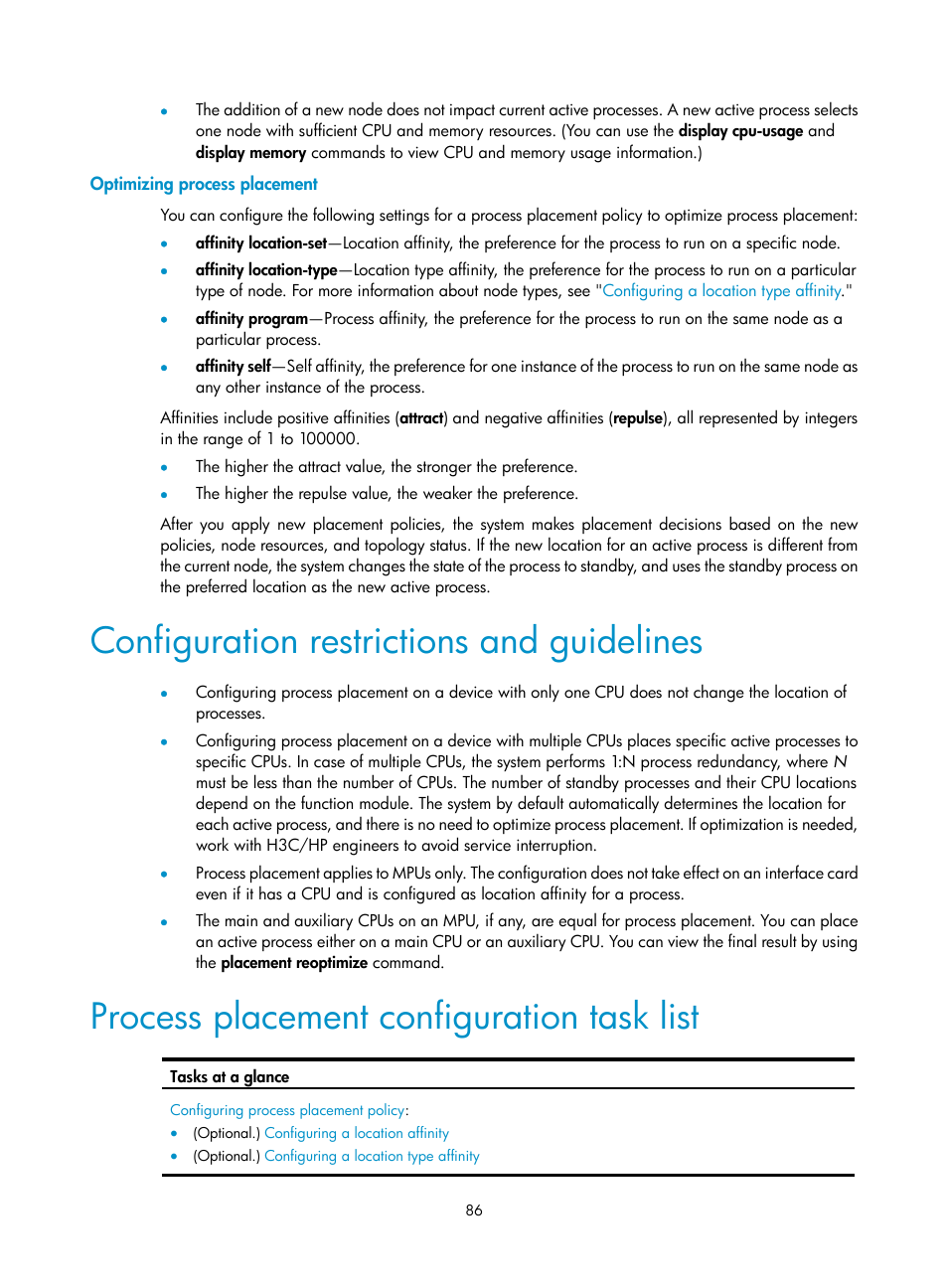 Optimizing process placement, Configuration restrictions and guidelines, Process placement configuration task list | H3C Technologies H3C MSR 5600 User Manual | Page 94 / 99