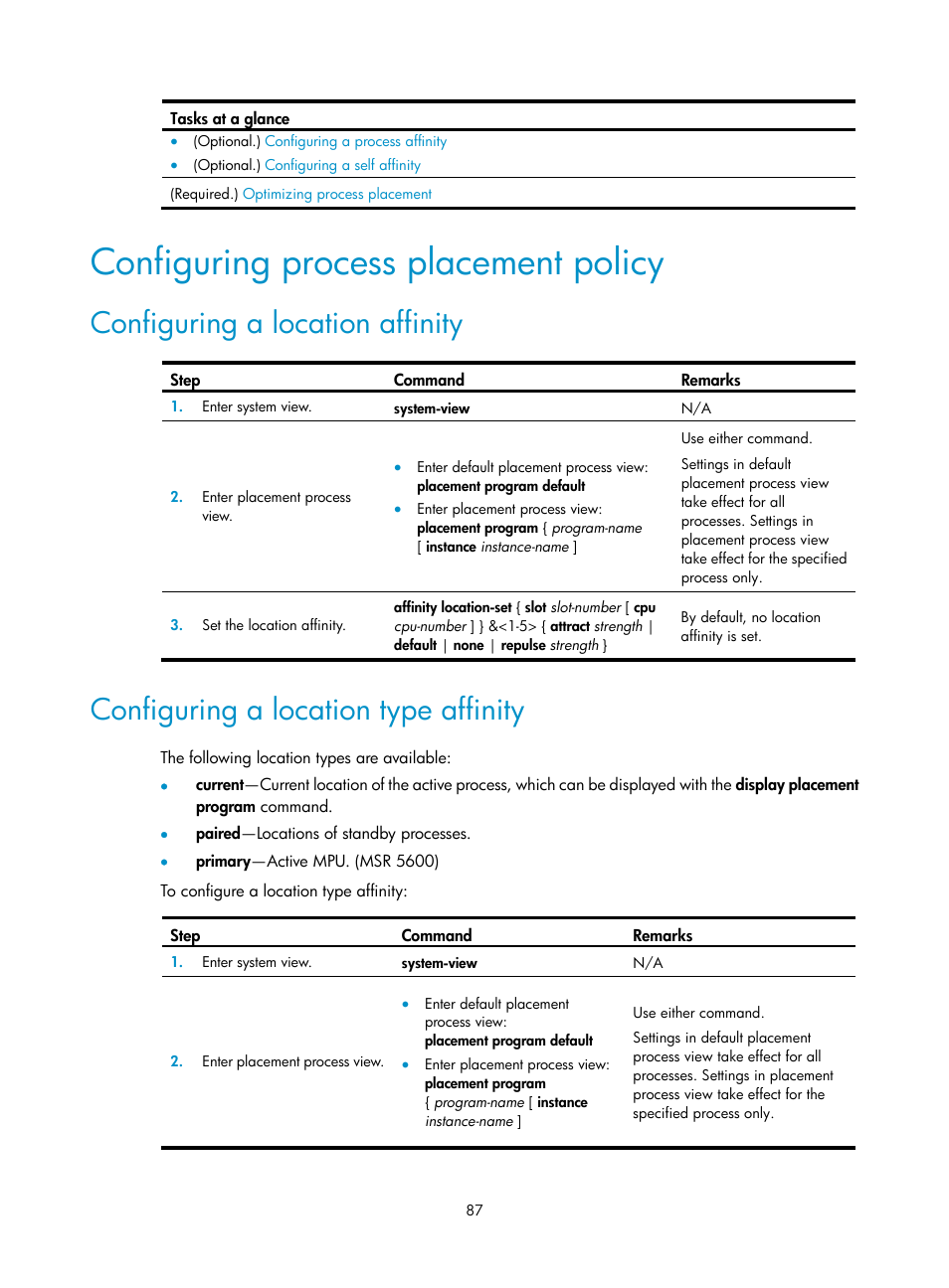 Configuring process placement policy, Configuring a location affinity, Configuring a location type affinity | H3C Technologies H3C MSR 5600 User Manual | Page 95 / 99