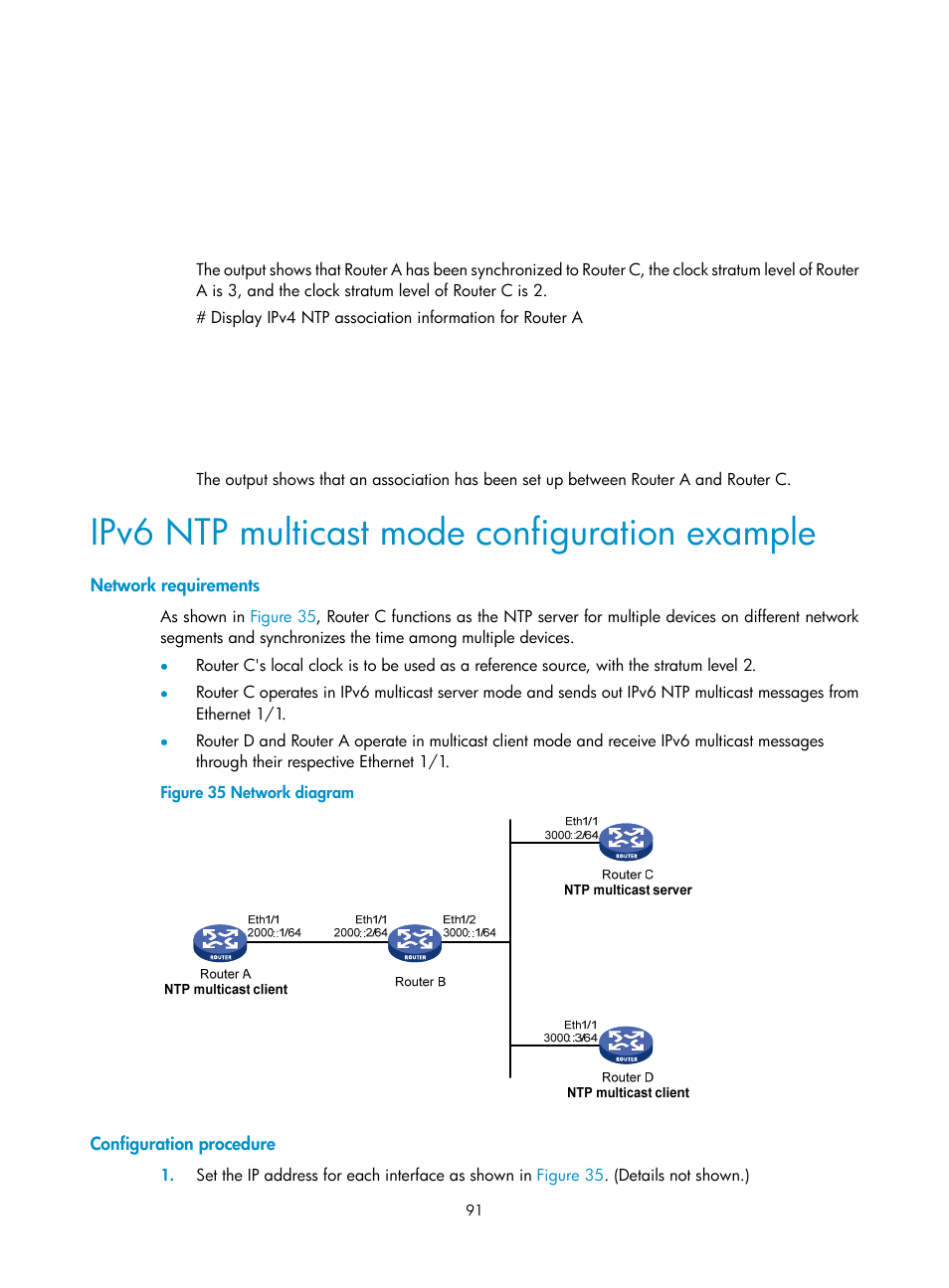 Ipv6 ntp multicast mode configuration example, Network requirements, Configuration procedure | H3C Technologies H3C MSR 5600 User Manual | Page 104 / 247