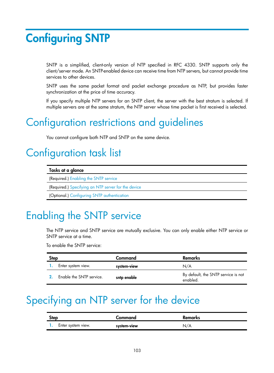 Configuring sntp, Configuration restrictions and guidelines, Configuration task list | Enabling the sntp service, Specifying an ntp server for the device | H3C Technologies H3C MSR 5600 User Manual | Page 116 / 247