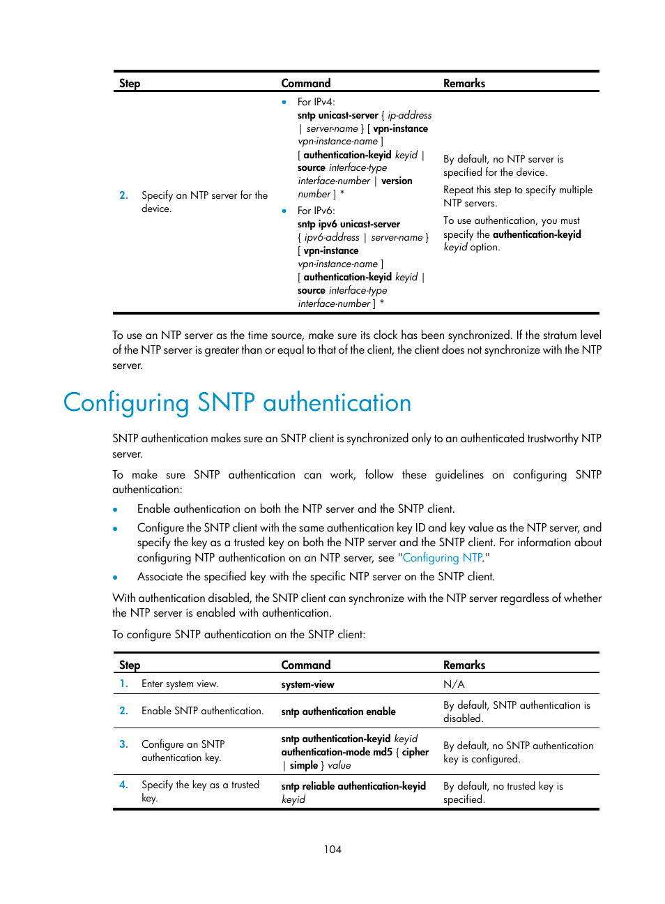 Configuring sntp authentication | H3C Technologies H3C MSR 5600 User Manual | Page 117 / 247