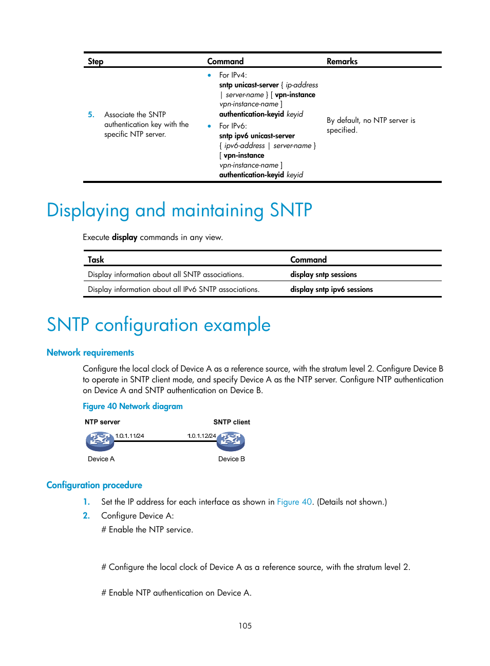 Displaying and maintaining sntp, Sntp configuration example, Network requirements | Configuration procedure | H3C Technologies H3C MSR 5600 User Manual | Page 118 / 247