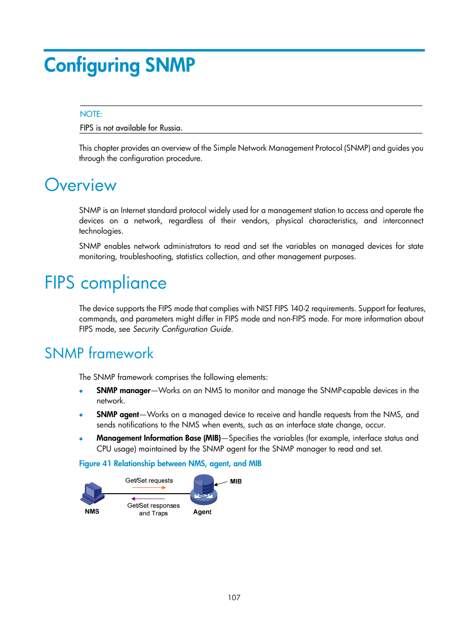 Configuring snmp, Overview, Fips compliance | Snmp framework | H3C Technologies H3C MSR 5600 User Manual | Page 120 / 247