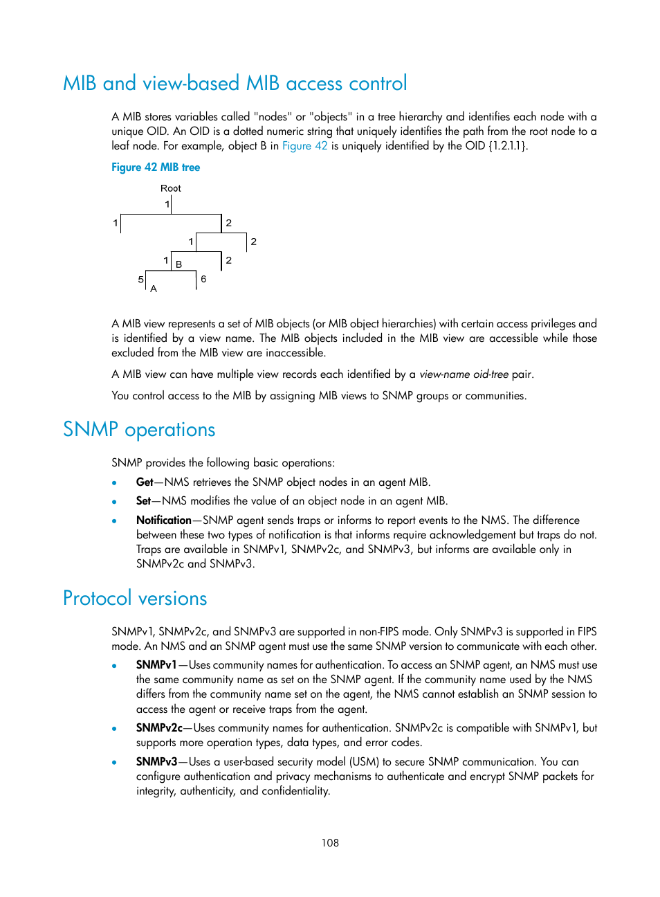 Mib and view-based mib access control, Snmp operations, Protocol versions | H3C Technologies H3C MSR 5600 User Manual | Page 121 / 247