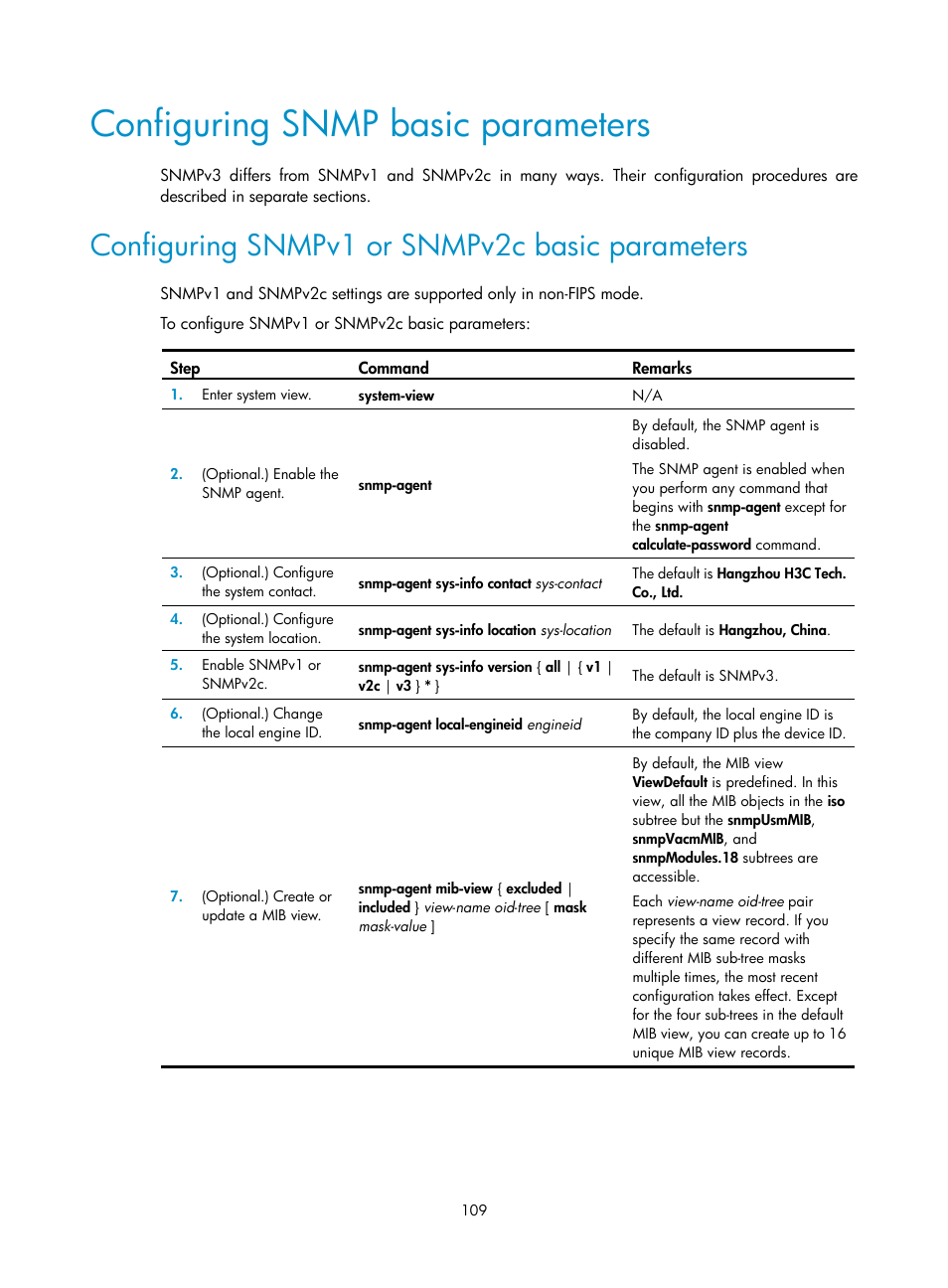 Configuring snmp basic parameters, Configuring snmpv1 or snmpv2c basic parameters | H3C Technologies H3C MSR 5600 User Manual | Page 122 / 247