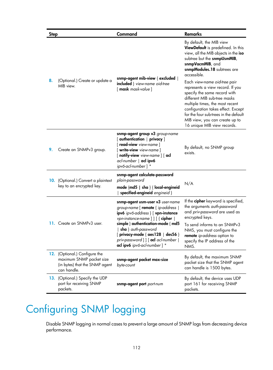 Configuring snmp logging | H3C Technologies H3C MSR 5600 User Manual | Page 125 / 247