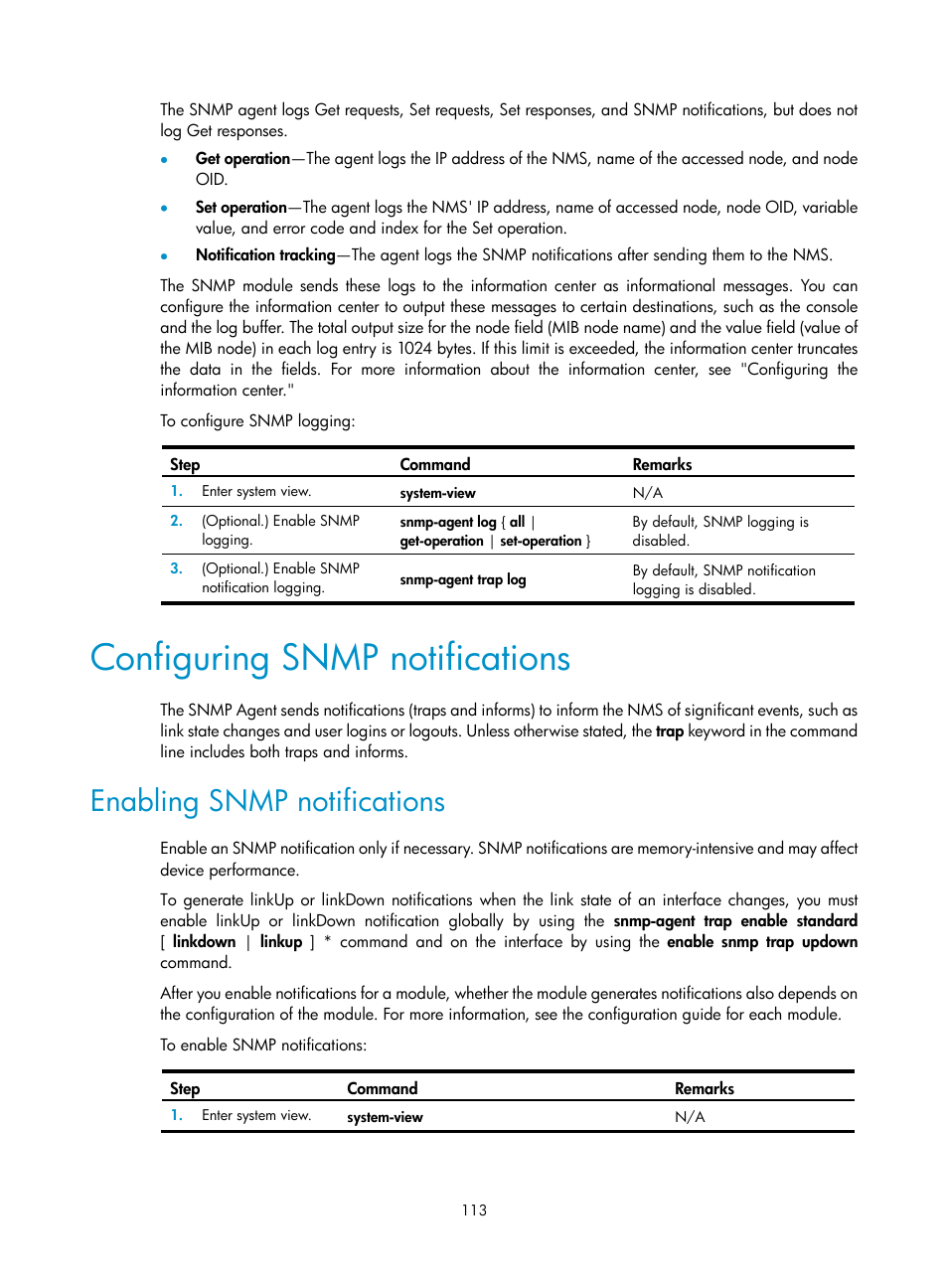 Configuring snmp notifications, Enabling snmp notifications | H3C Technologies H3C MSR 5600 User Manual | Page 126 / 247