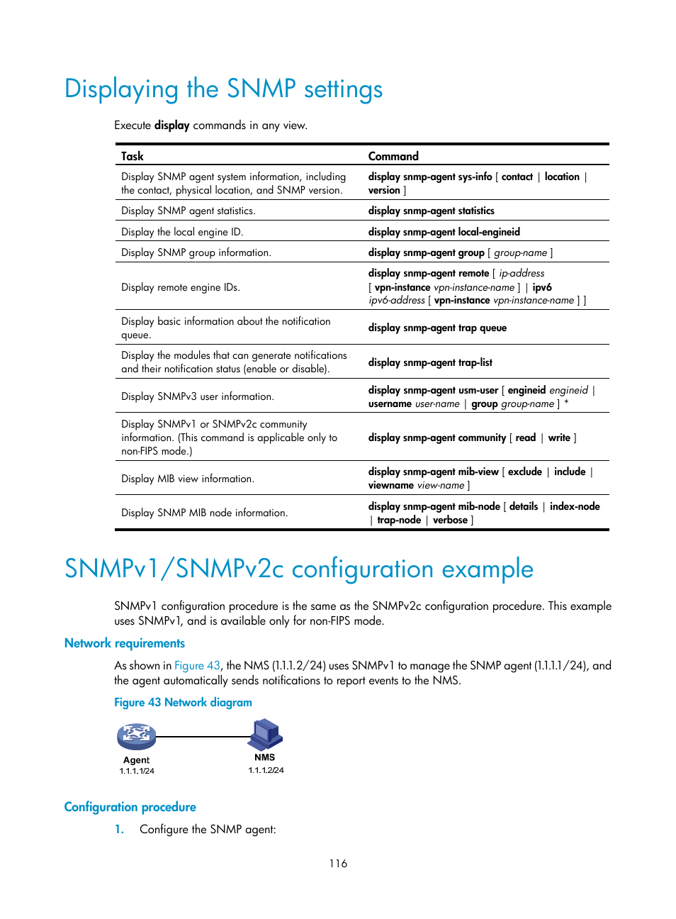 Displaying the snmp settings, Snmpv1/snmpv2c configuration example, Network requirements | Configuration procedure | H3C Technologies H3C MSR 5600 User Manual | Page 129 / 247