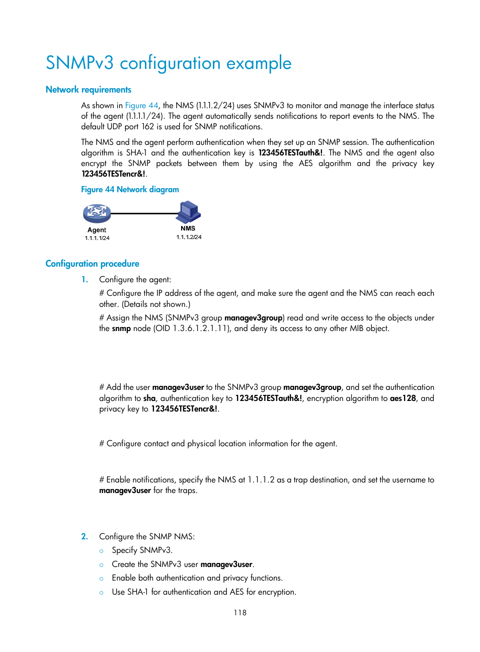 Snmpv3 configuration example, Network requirements, Configuration procedure | H3C Technologies H3C MSR 5600 User Manual | Page 131 / 247