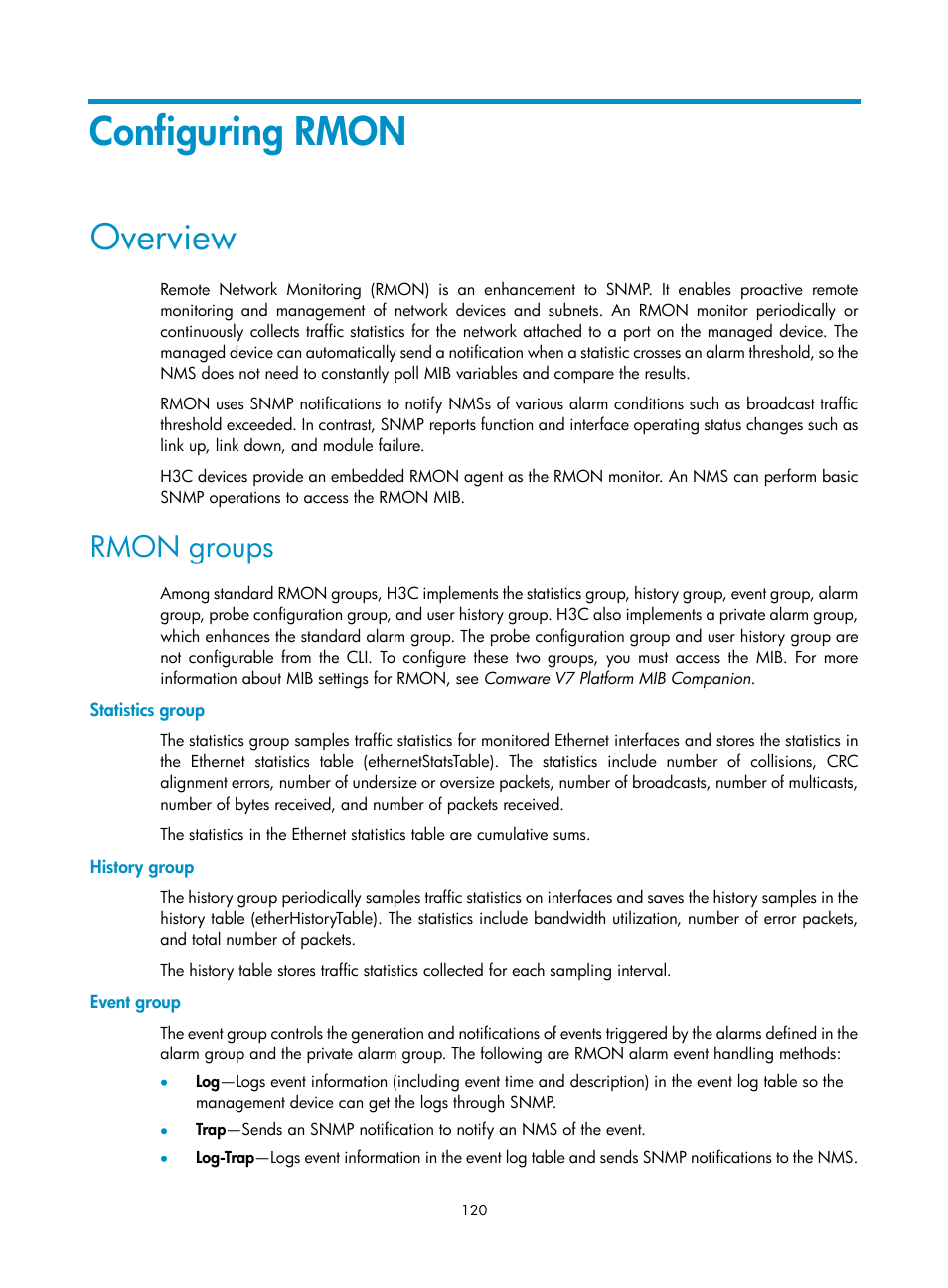 Configuring rmon, Overview, Rmon groups | Statistics group, History group, Event group | H3C Technologies H3C MSR 5600 User Manual | Page 133 / 247