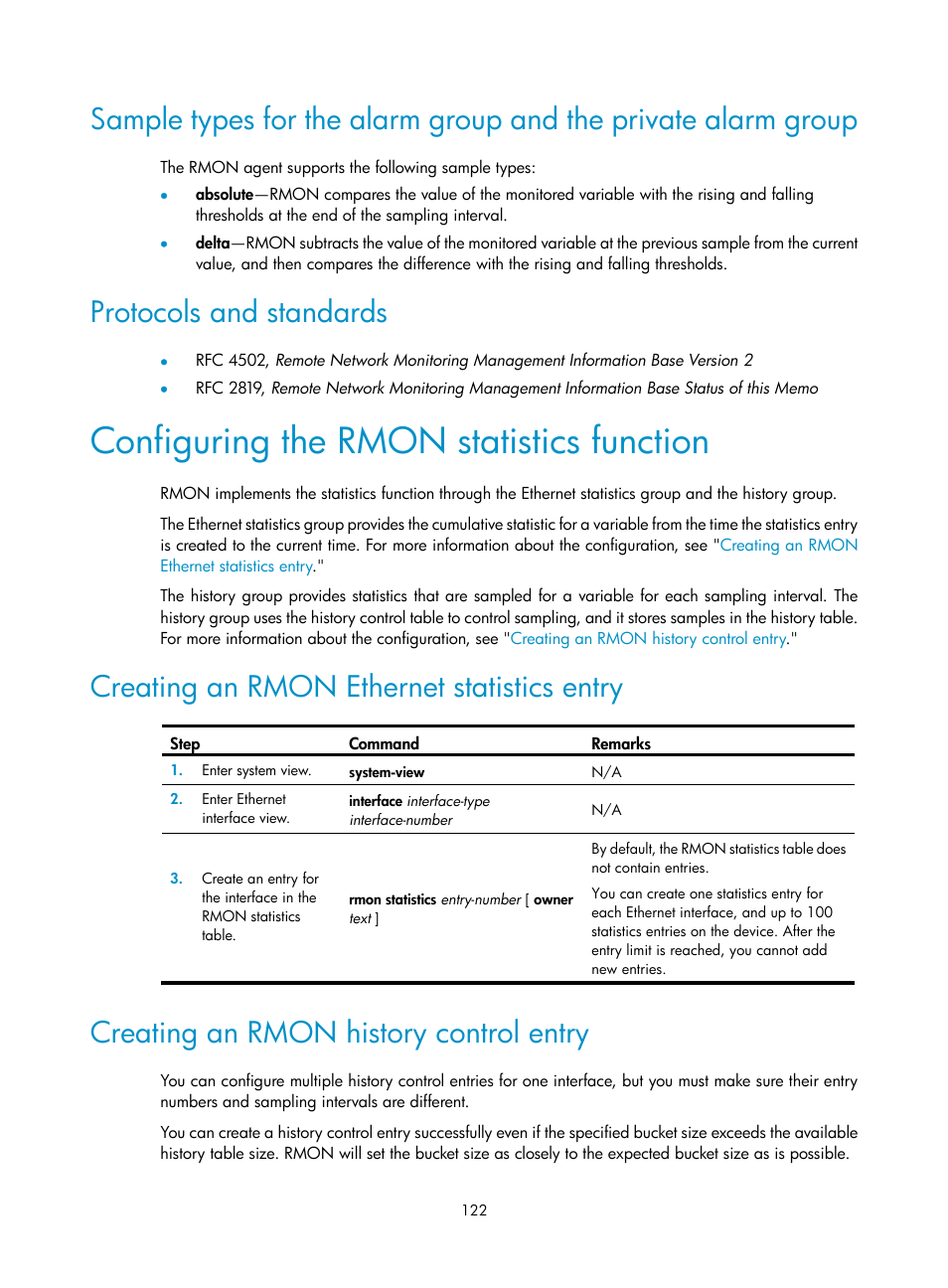 Protocols and standards, Configuring the rmon statistics function, Creating an rmon ethernet statistics entry | Creating an rmon history control entry | H3C Technologies H3C MSR 5600 User Manual | Page 135 / 247