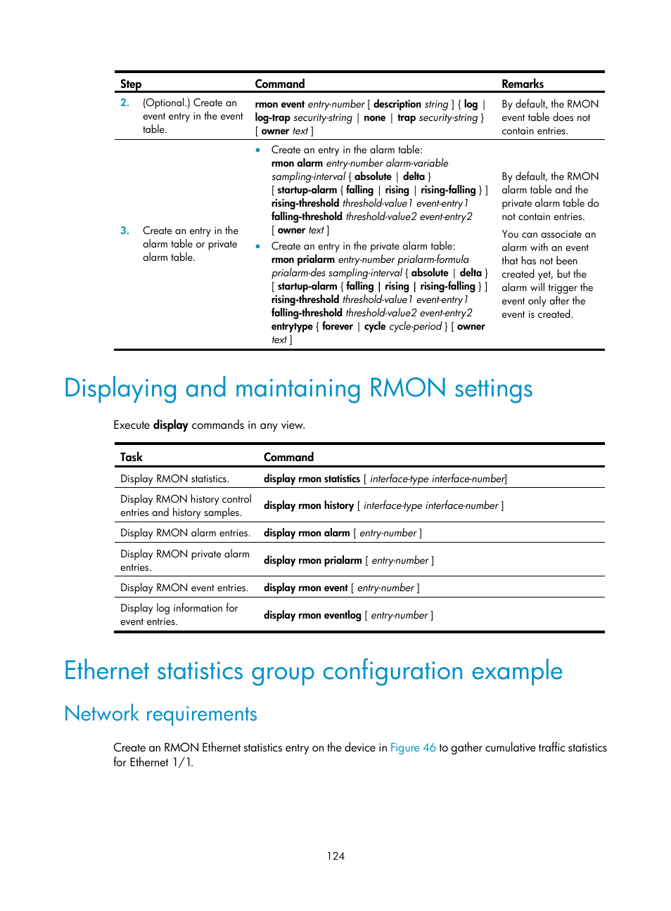 Displaying and maintaining rmon settings, Ethernet statistics group configuration example, Network requirements | H3C Technologies H3C MSR 5600 User Manual | Page 137 / 247