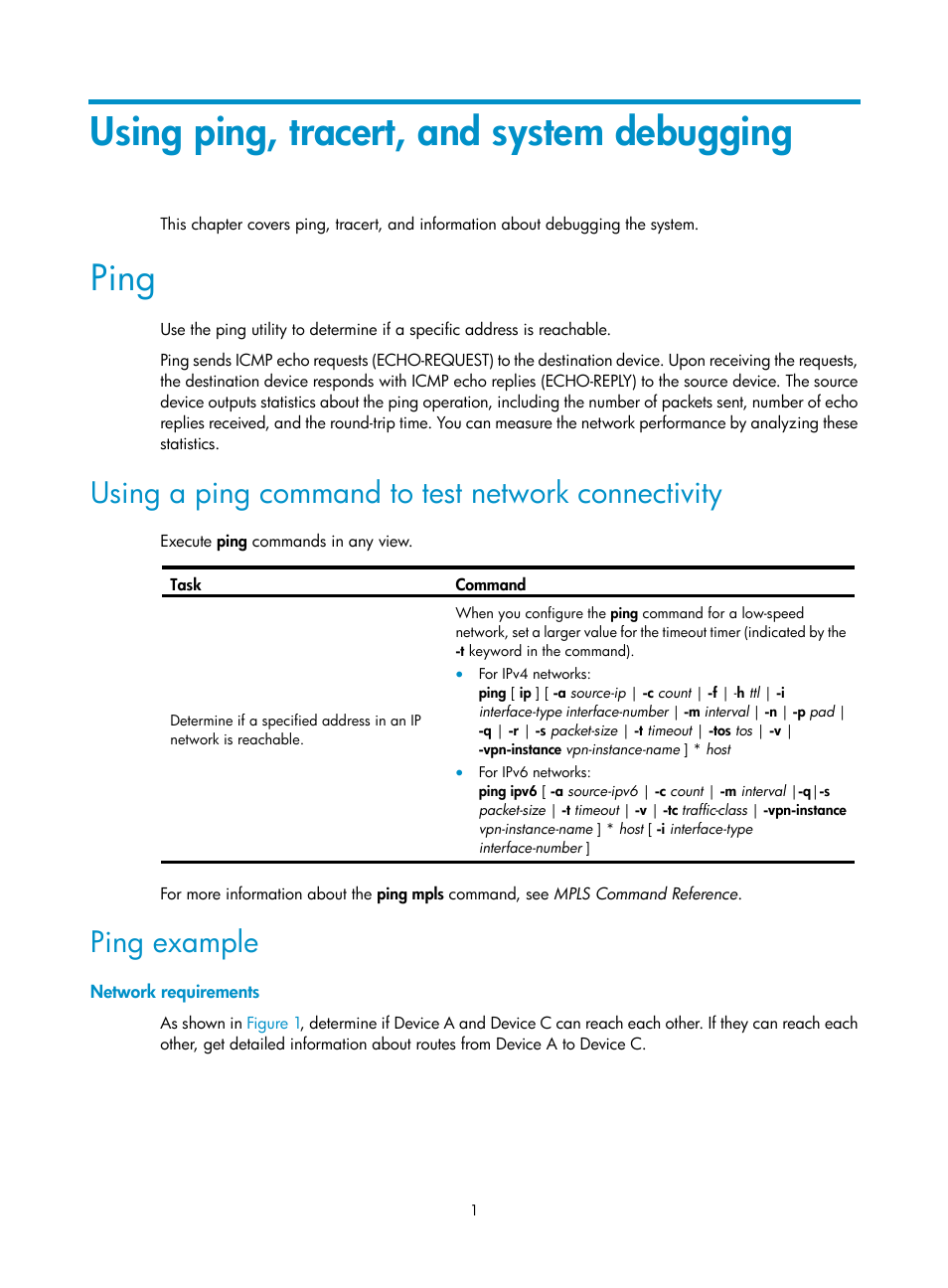 Using ping, tracert, and system debugging, Ping, Using a ping command to test network connectivity | Ping example, Network requirements | H3C Technologies H3C MSR 5600 User Manual | Page 14 / 247