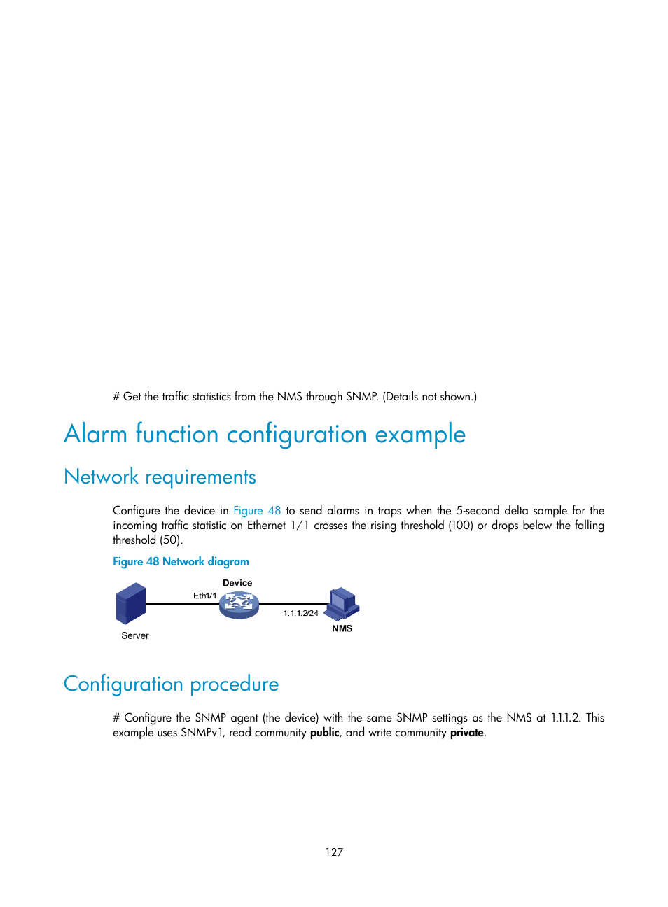 Alarm function configuration example, Network requirements, Configuration procedure | H3C Technologies H3C MSR 5600 User Manual | Page 140 / 247