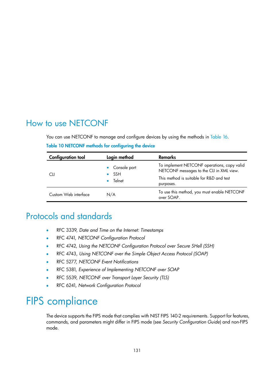 How to use netconf, Protocols and standards, Fips compliance | H3C Technologies H3C MSR 5600 User Manual | Page 144 / 247