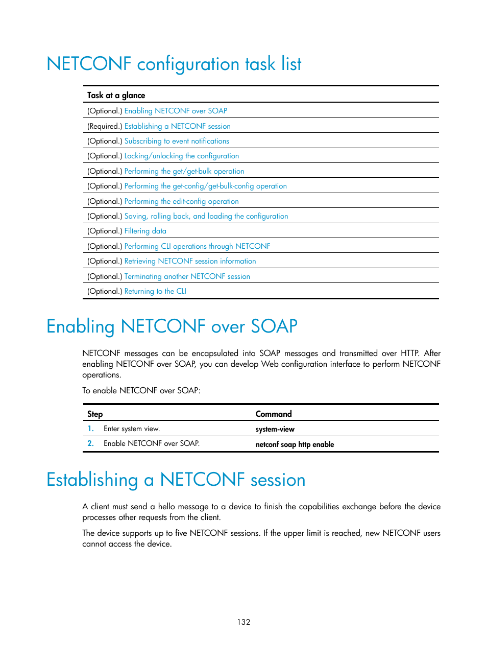 Netconf configuration task list, Enabling netconf over soap, Establishing a netconf session | H3C Technologies H3C MSR 5600 User Manual | Page 145 / 247