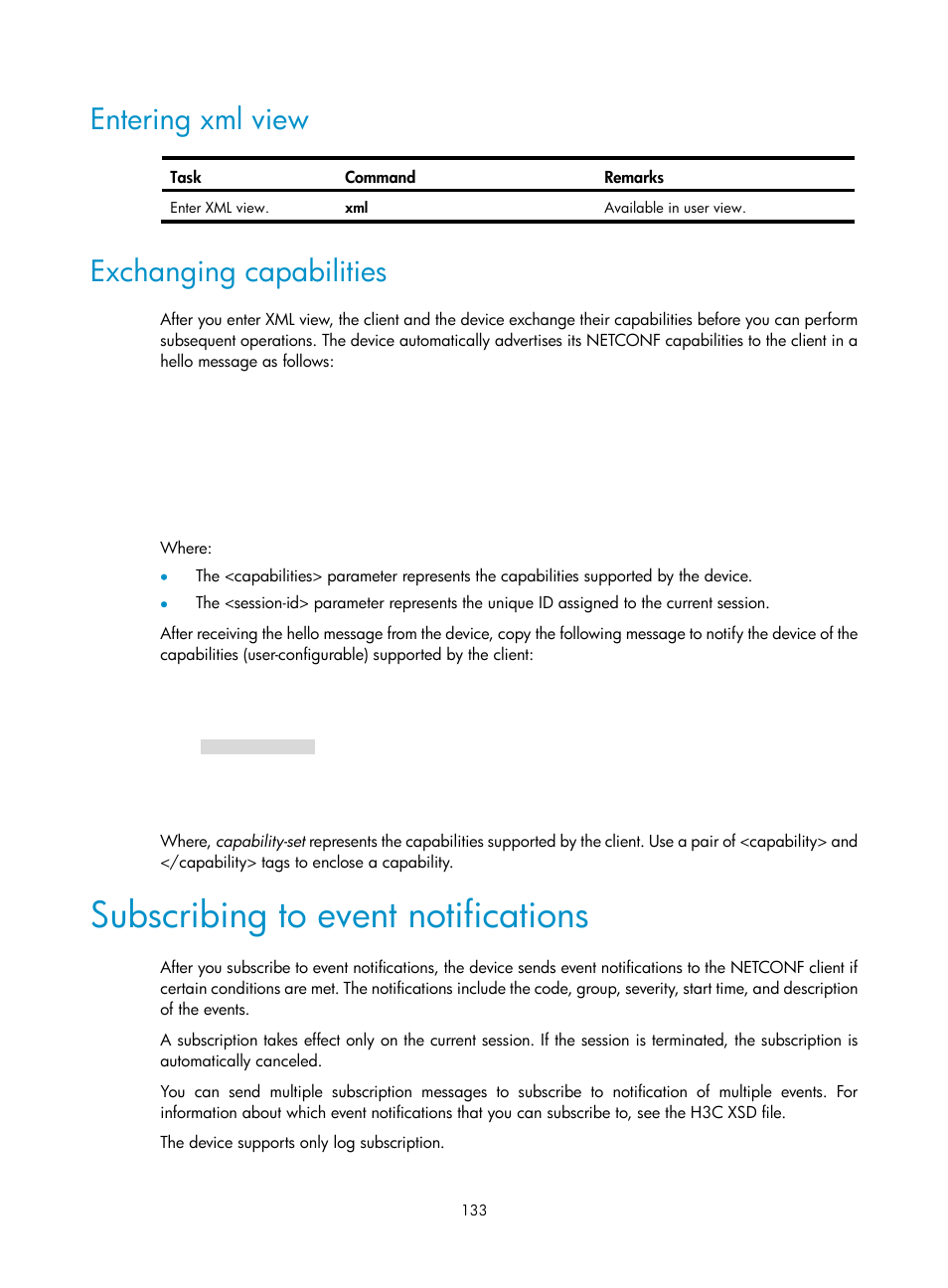 Entering xml view, Exchanging capabilities, Subscribing to event notifications | H3C Technologies H3C MSR 5600 User Manual | Page 146 / 247