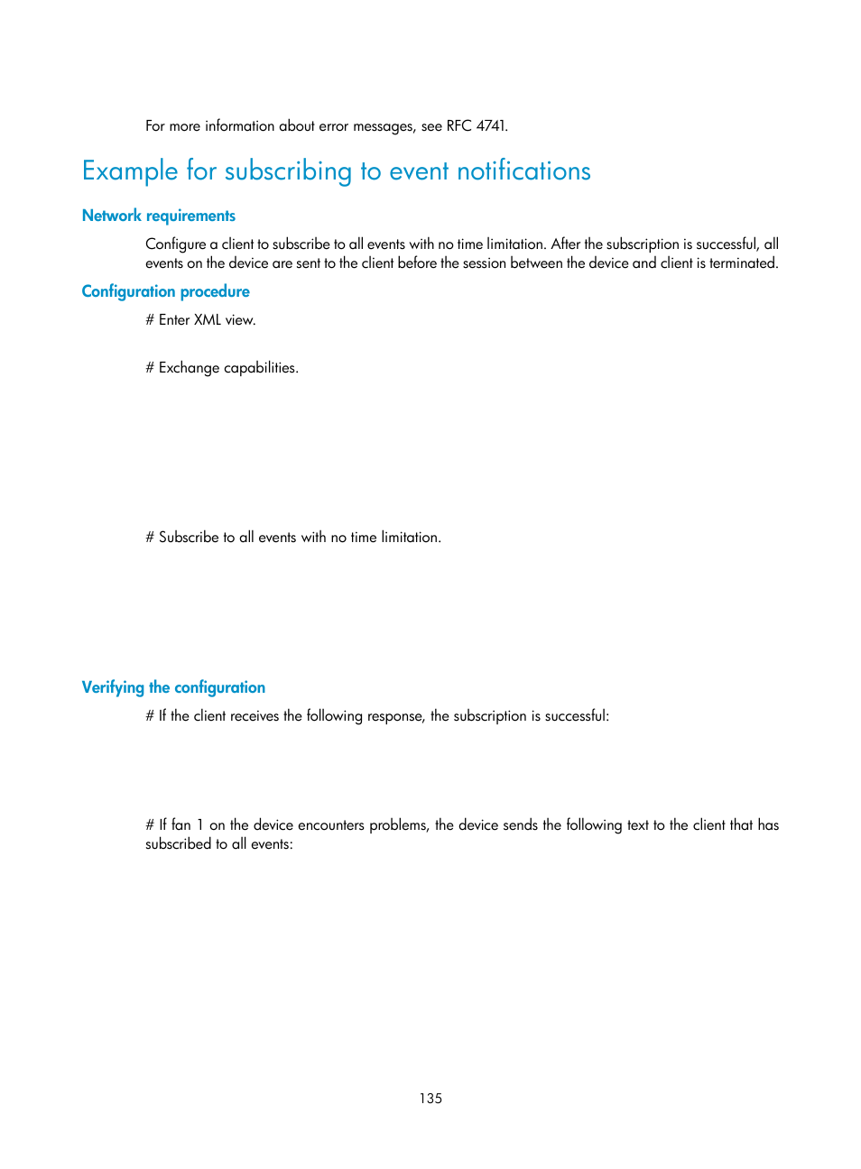 Example for subscribing to event notifications, Network requirements, Configuration procedure | Verifying the configuration | H3C Technologies H3C MSR 5600 User Manual | Page 148 / 247