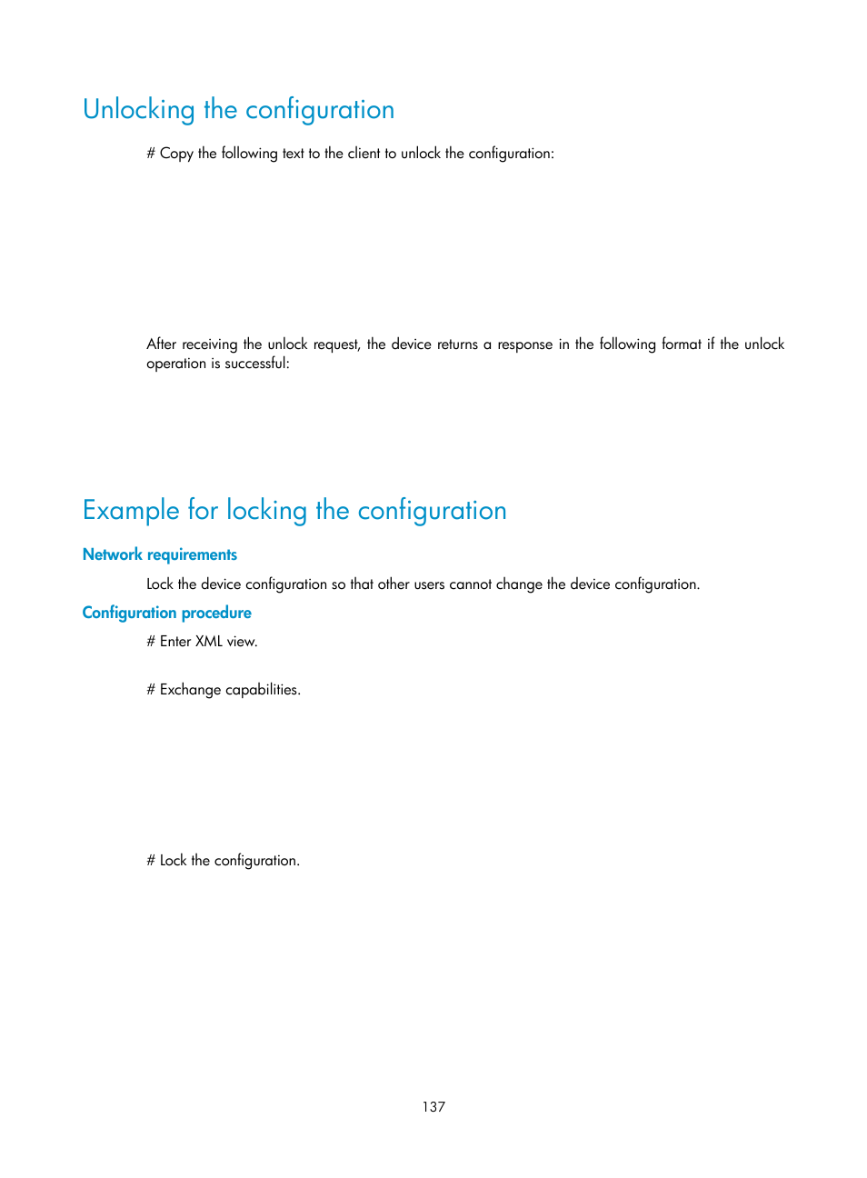 Unlocking the configuration, Example for locking the configuration, Network requirements | Configuration procedure | H3C Technologies H3C MSR 5600 User Manual | Page 150 / 247