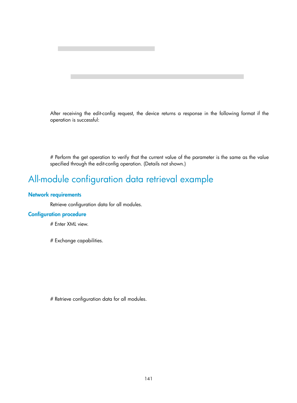 All-module configuration data retrieval example, Network requirements, Configuration procedure | H3C Technologies H3C MSR 5600 User Manual | Page 154 / 247