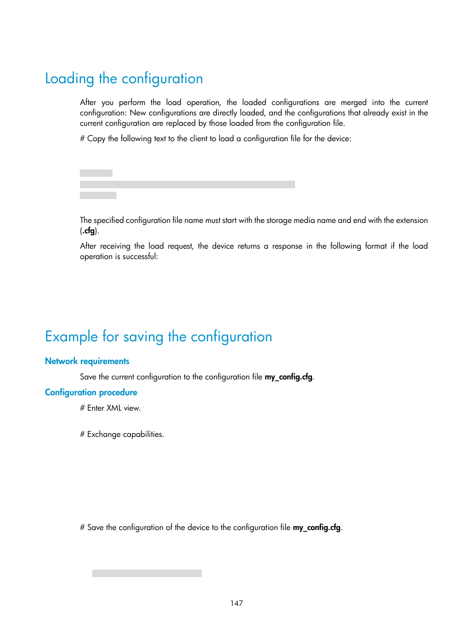 Loading the configuration, Example for saving the configuration, Network requirements | Configuration procedure | H3C Technologies H3C MSR 5600 User Manual | Page 160 / 247