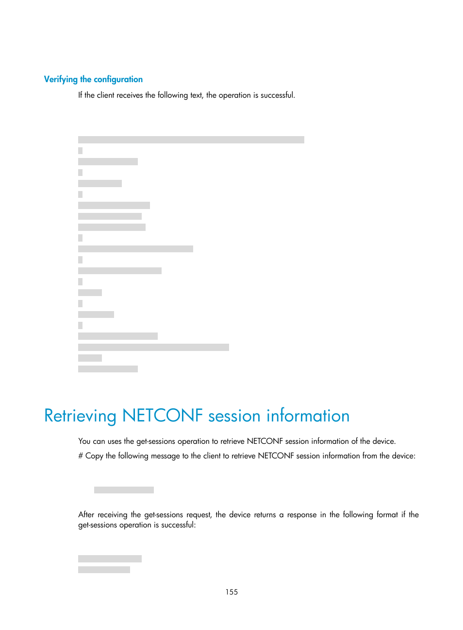 Verifying the configuration, Retrieving netconf session information | H3C Technologies H3C MSR 5600 User Manual | Page 168 / 247