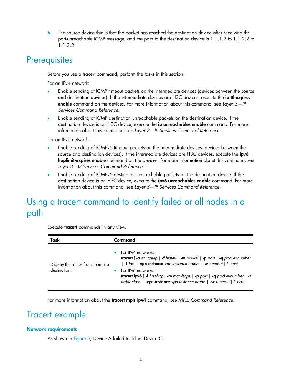 Prerequisites, Tracert example, Network requirements | H3C Technologies H3C MSR 5600 User Manual | Page 17 / 247