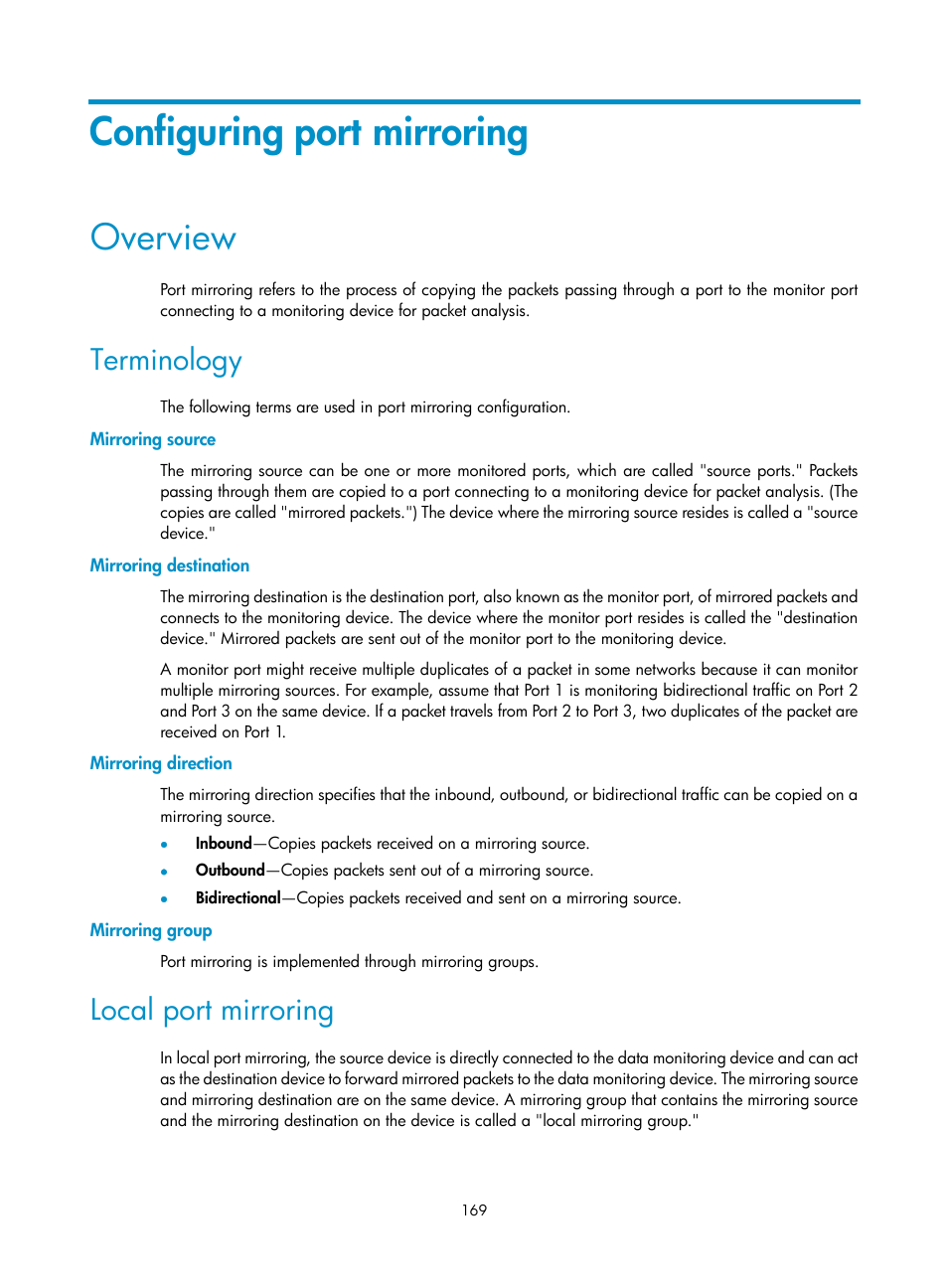 Configuring port mirroring, Overview, Terminology | Mirroring source, Mirroring destination, Mirroring direction, Mirroring group, Local port mirroring | H3C Technologies H3C MSR 5600 User Manual | Page 182 / 247