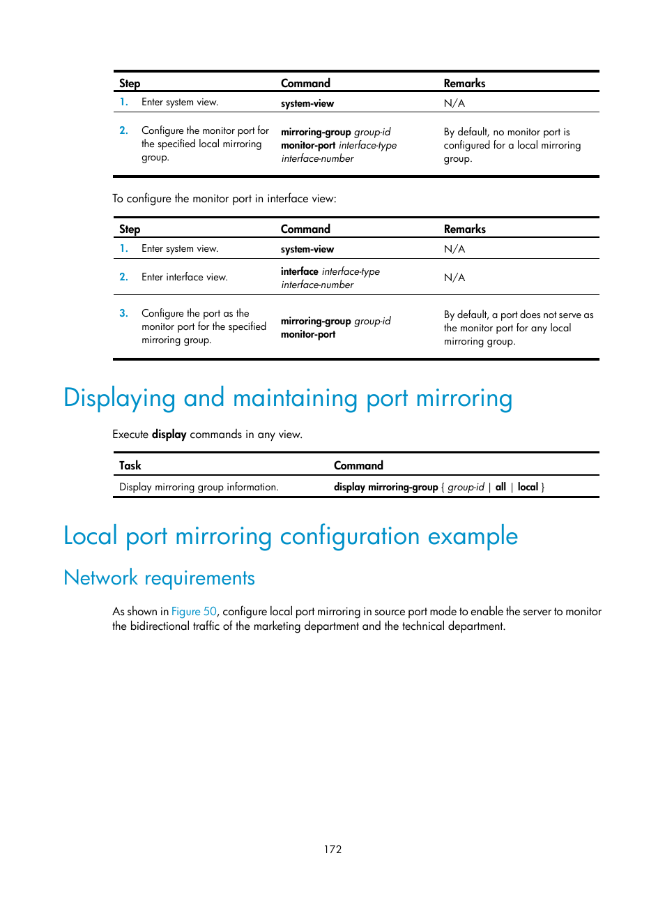 Displaying and maintaining port mirroring, Local port mirroring configuration example, Network requirements | H3C Technologies H3C MSR 5600 User Manual | Page 185 / 247