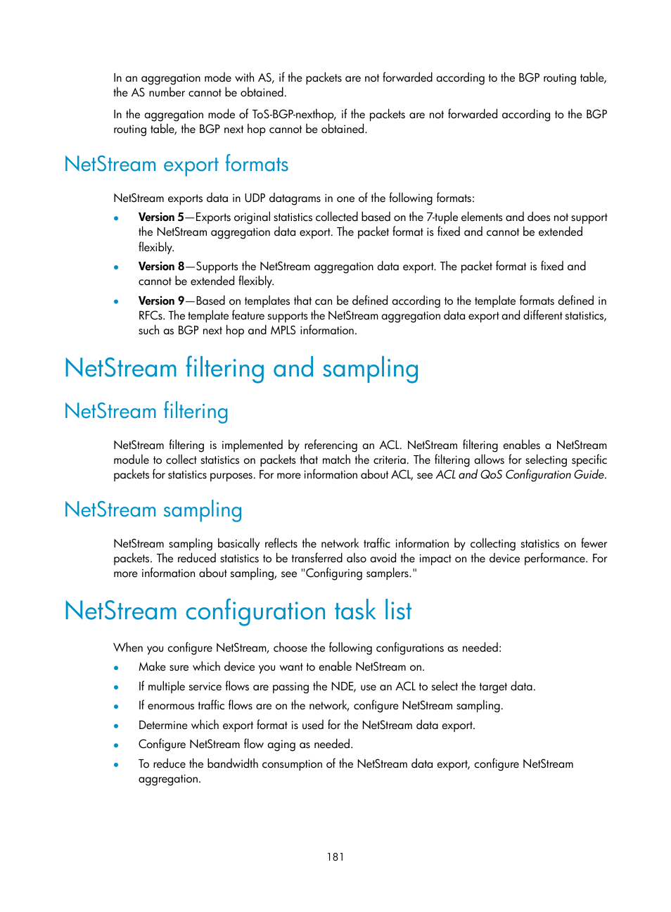 Netstream export formats, Netstream filtering and sampling, Netstream filtering | Netstream sampling, Netstream configuration task list | H3C Technologies H3C MSR 5600 User Manual | Page 194 / 247