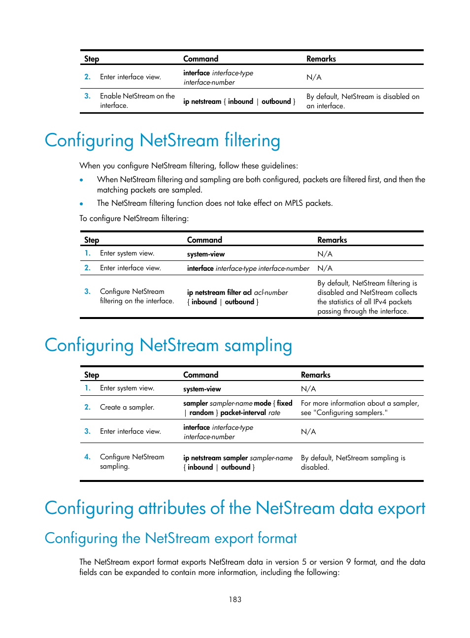 Configuring netstream filtering, Configuring netstream sampling, Configuring the netstream export format | H3C Technologies H3C MSR 5600 User Manual | Page 196 / 247