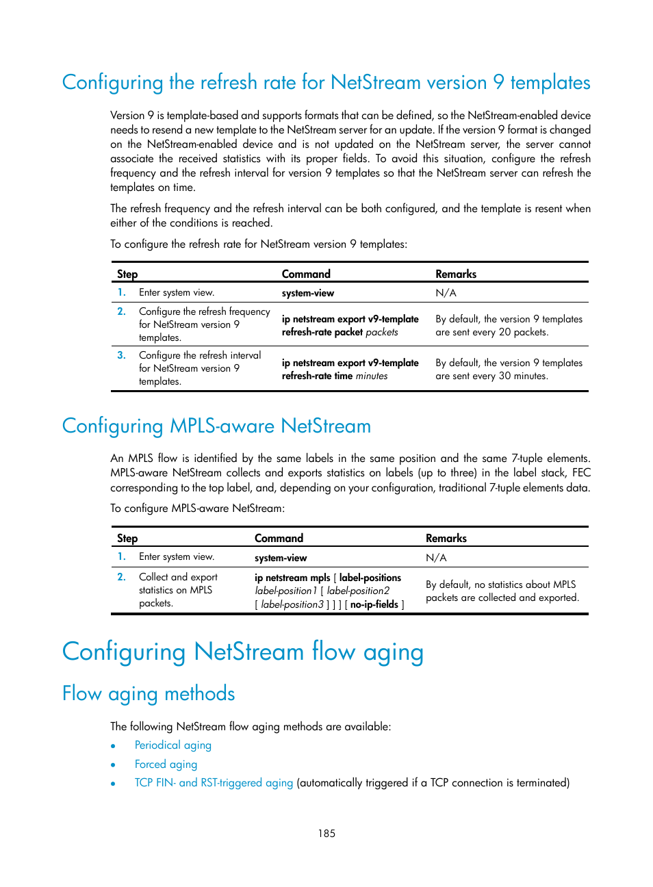 Configuring mpls-aware netstream, Configuring netstream flow aging, Flow aging methods | H3C Technologies H3C MSR 5600 User Manual | Page 198 / 247