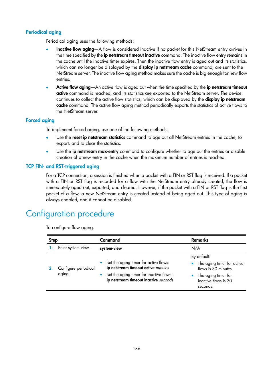 Periodical aging, Forced aging, Tcp fin- and rst-triggered aging | Configuration procedure | H3C Technologies H3C MSR 5600 User Manual | Page 199 / 247