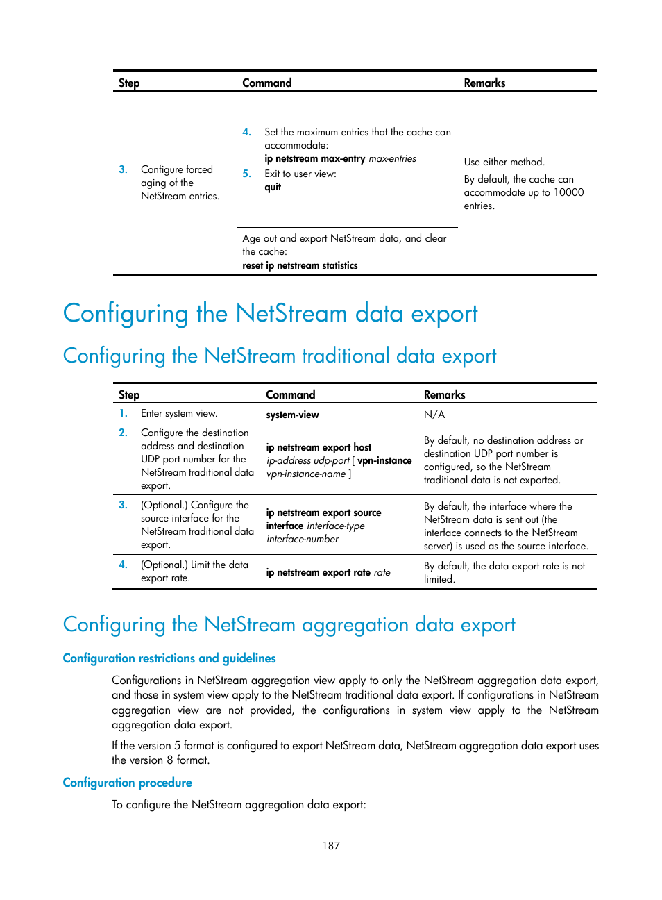 Configuring the netstream data export, Configuring the netstream traditional data export, Configuring the netstream aggregation data export | Configuration restrictions and guidelines, Configuration procedure, Required.) | H3C Technologies H3C MSR 5600 User Manual | Page 200 / 247