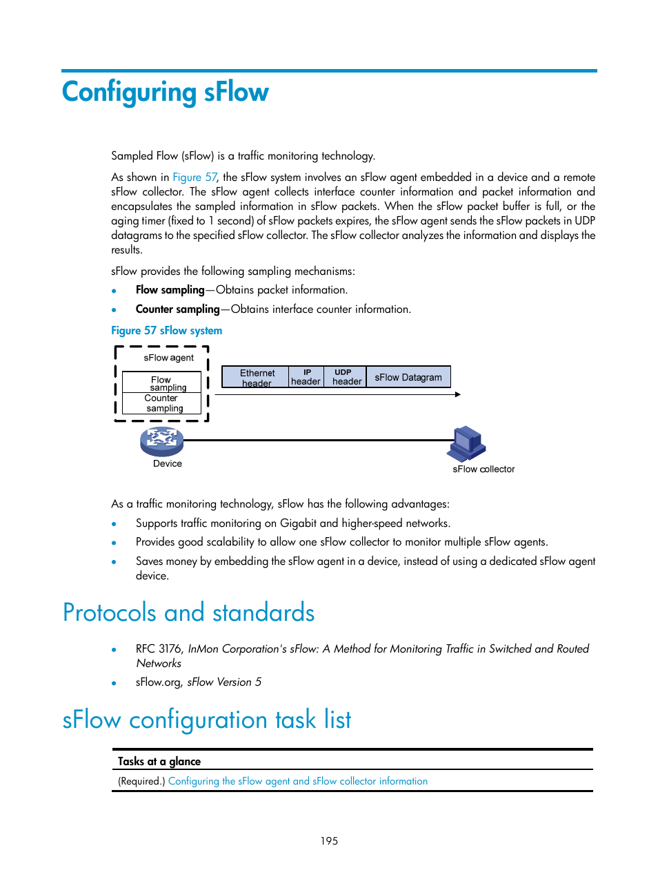 Configuring sflow, Protocols and standards, Sflow configuration task list | H3C Technologies H3C MSR 5600 User Manual | Page 208 / 247