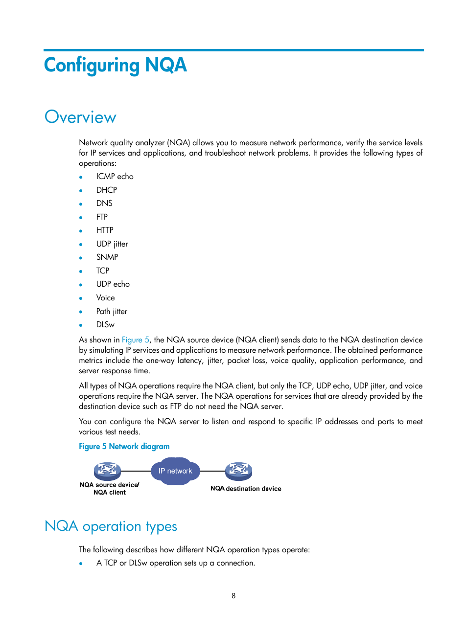 Configuring nqa, Overview, Nqa operation types | H3C Technologies H3C MSR 5600 User Manual | Page 21 / 247