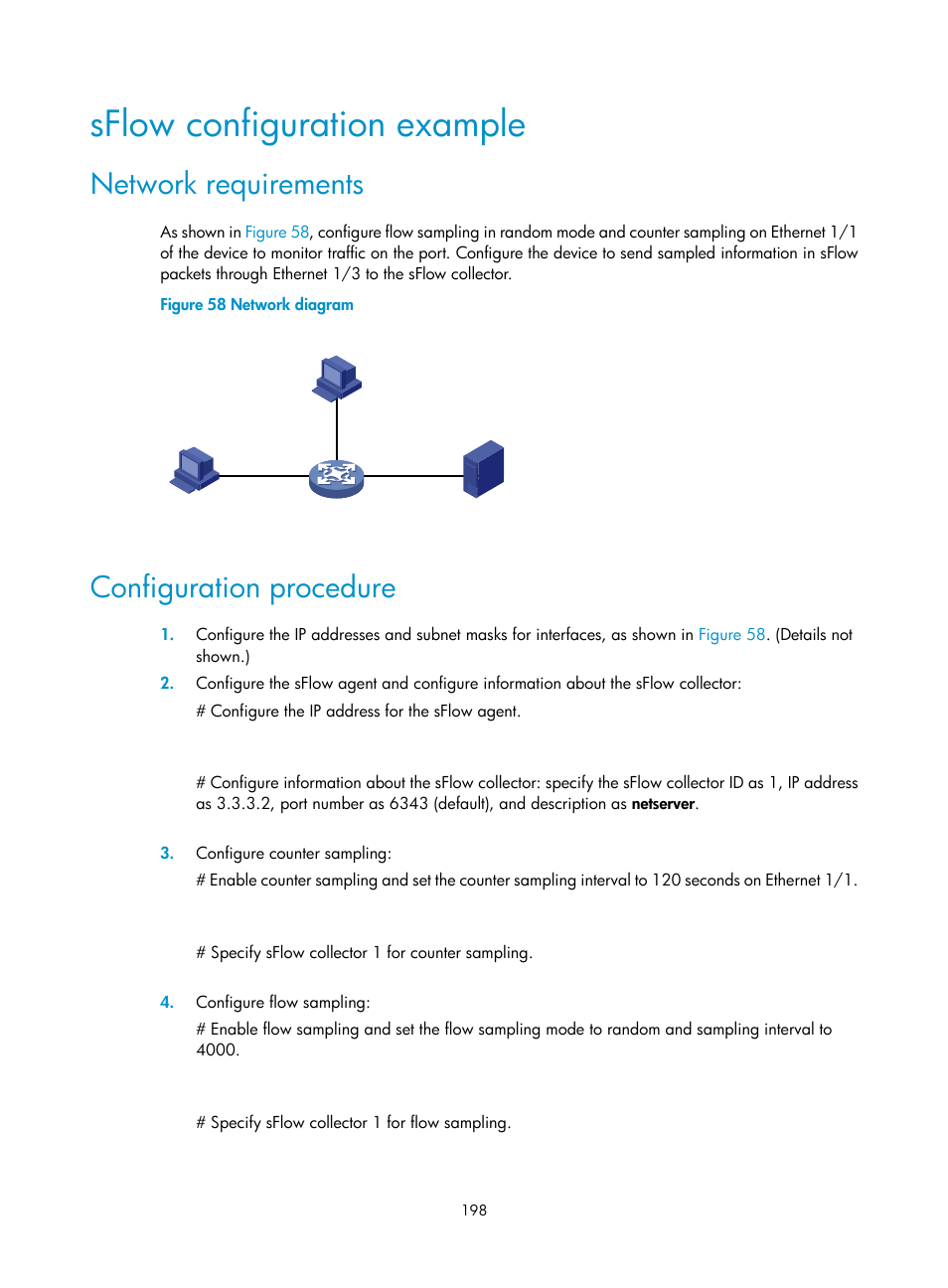 Sflow configuration example, Network requirements, Configuration procedure | H3C Technologies H3C MSR 5600 User Manual | Page 211 / 247