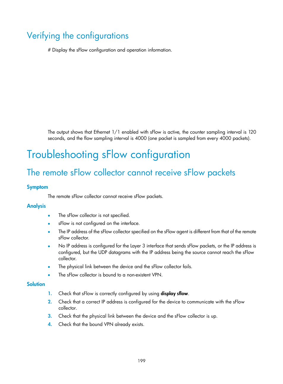 Verifying the configurations, Troubleshooting sflow configuration, Symptom | Analysis, Solution | H3C Technologies H3C MSR 5600 User Manual | Page 212 / 247