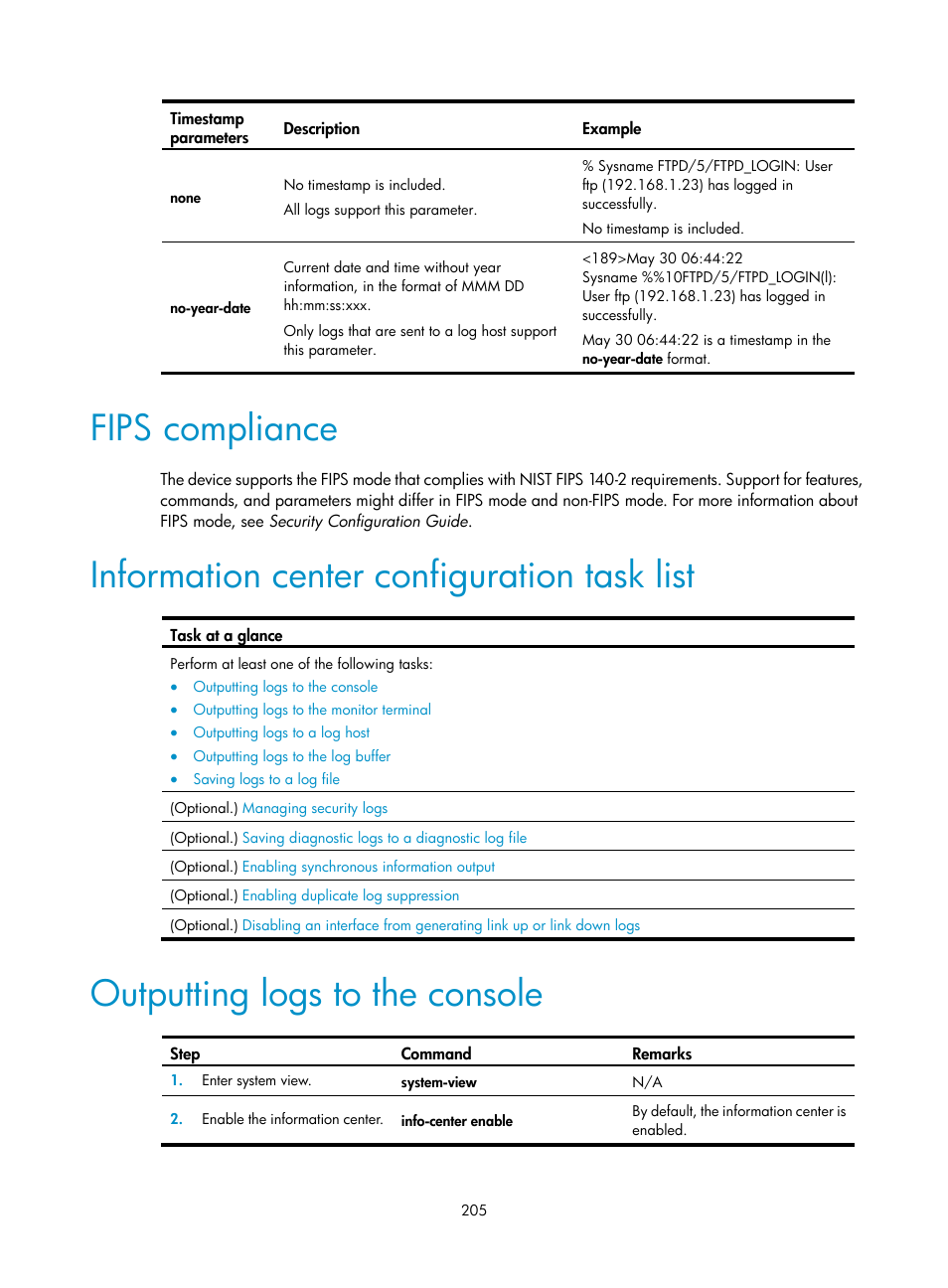 Fips compliance, Information center configuration task list, Outputting logs to the console | H3C Technologies H3C MSR 5600 User Manual | Page 218 / 247