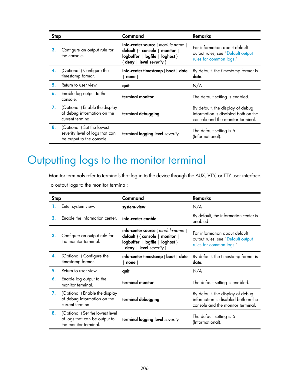 Outputting logs to the monitor terminal | H3C Technologies H3C MSR 5600 User Manual | Page 219 / 247